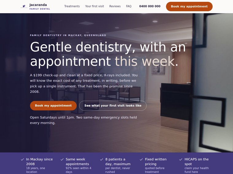 Jacaranda Family Dental, a demonstration website built by Tropic