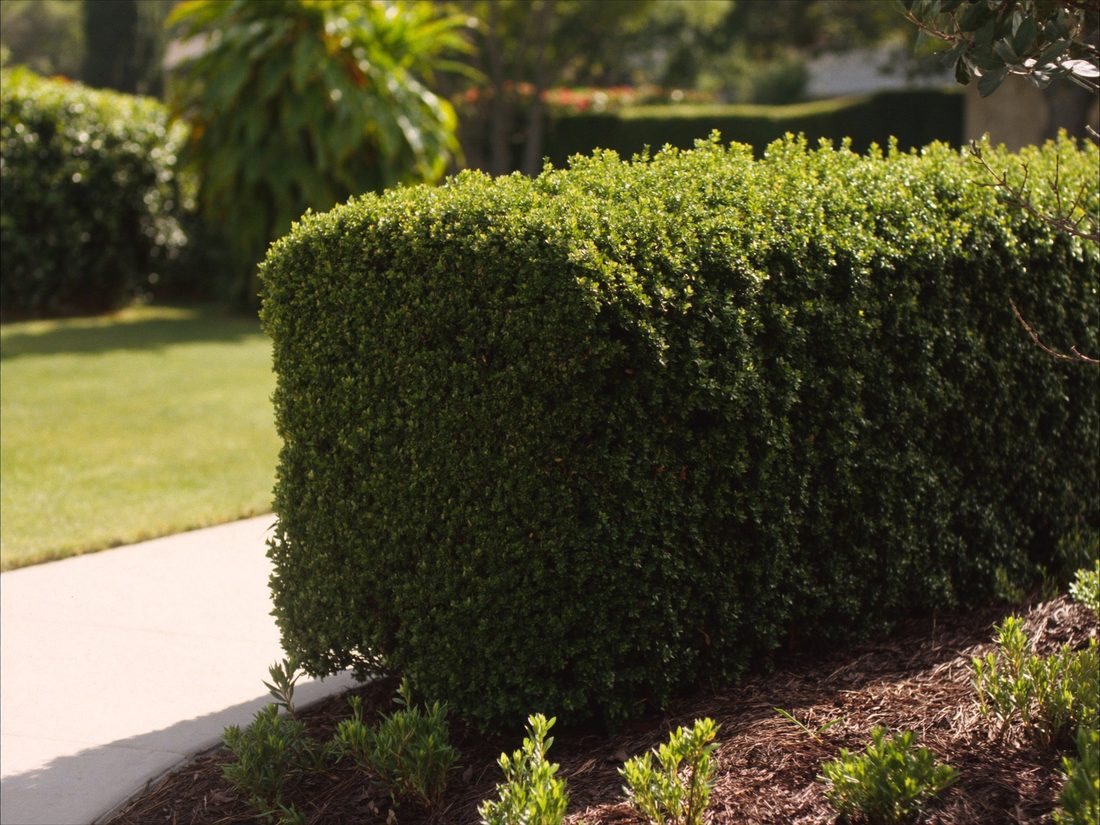 Dense hedge trimmed flat and square along a residential fence line