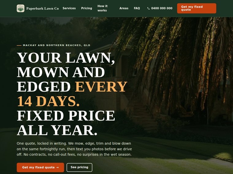 Paperbark Lawn Co, a demonstration website built by Tropic