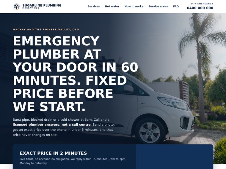 Sugarline Plumbing, a demonstration website built by Tropic